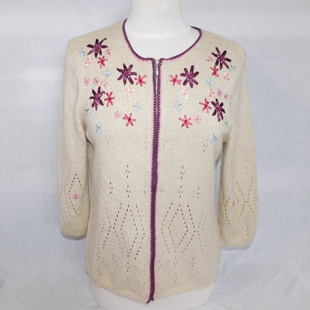 Northern Reflections Beige Full Zip Knit Cardigan Sweater Ribbon Flowers Women M